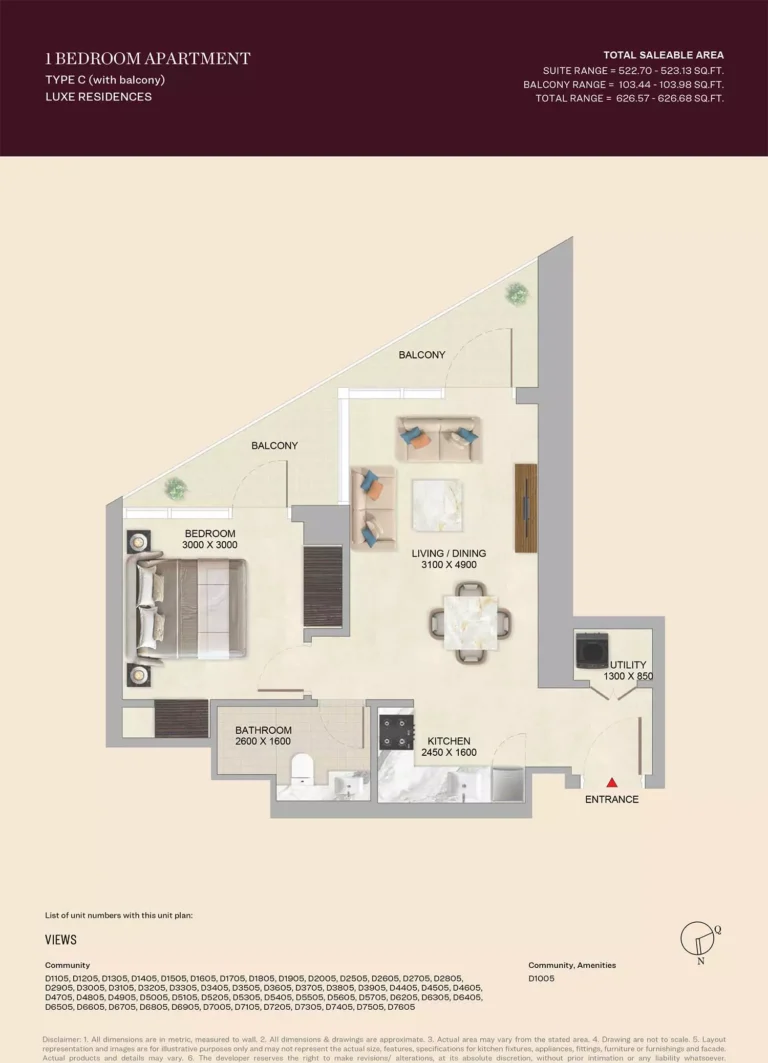 SkyVue Altier floor plan 1 BR · 626 sqft