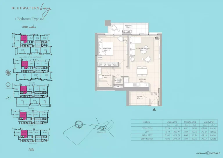 Bluewaters Bay floor plan 1-спальн. · 916 sqft