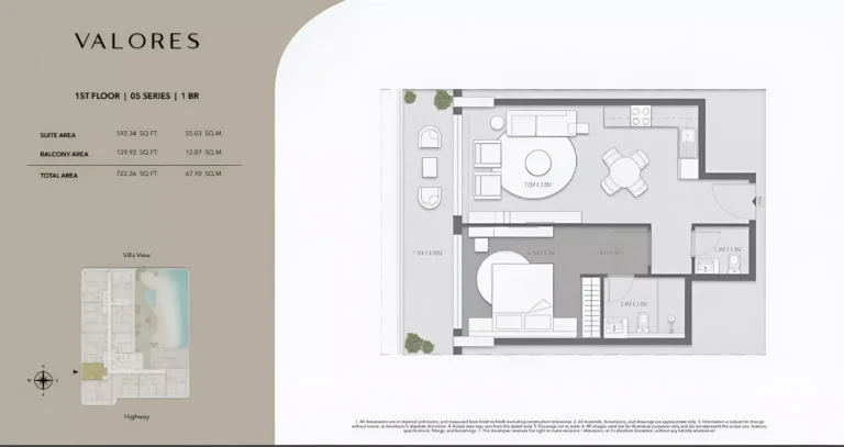 Valores Residences floor plan 1-спальн. · 722 sqft