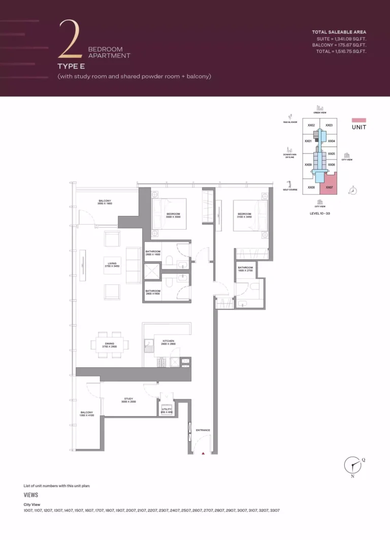 The Element at Sobha One floor plan 2 BR · 1516 sqft