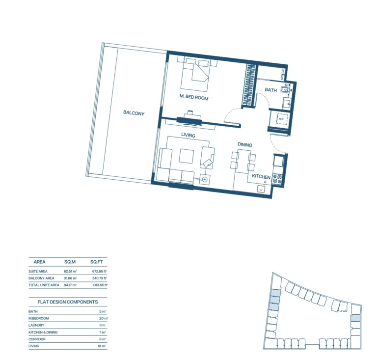 Binghatti Aurora floor plan 1 BR · 1013 sqft