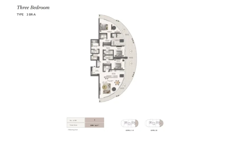 Jumeirah Residences Asora Bay floor plan 3 BR · 3088 sqft