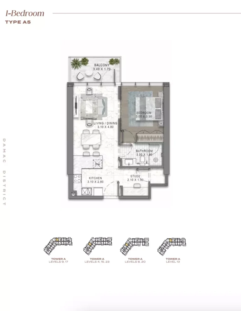 Damac District floor plan 1-спальн.