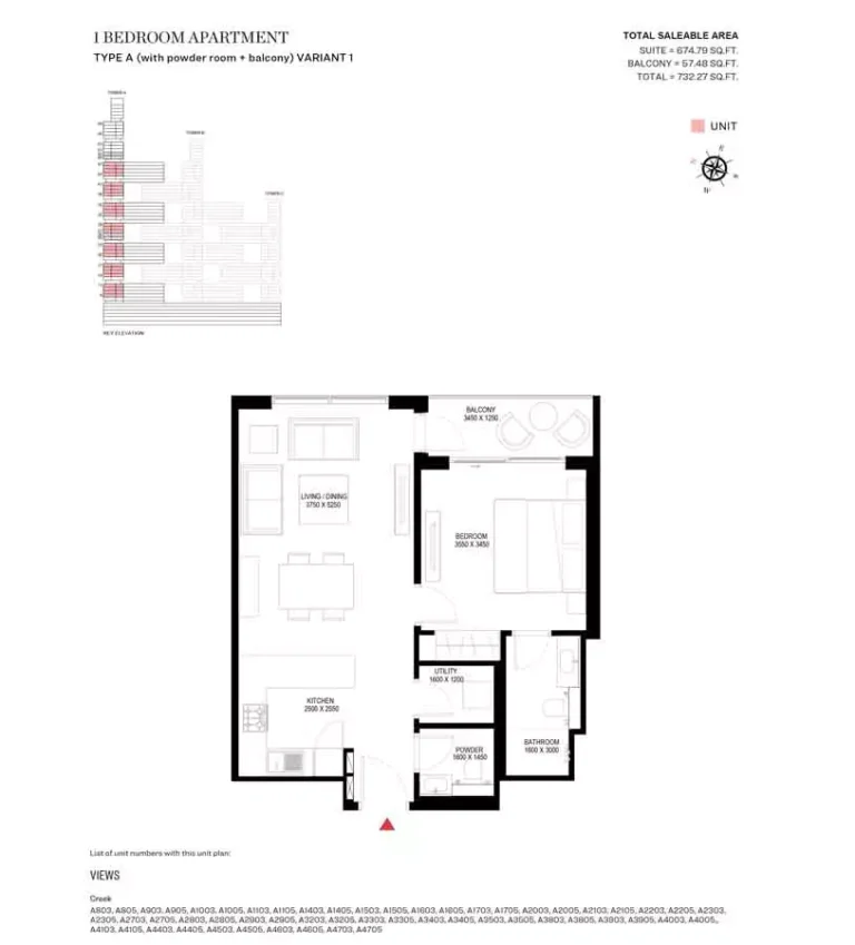 Sobha One floor plan 1 BR · 732 sqft