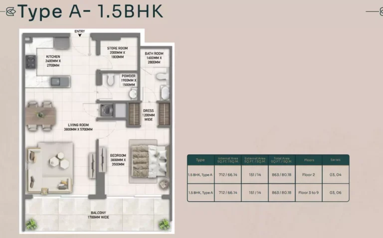 Blossom 40 floor plan 1-спальн. · 863 sqft