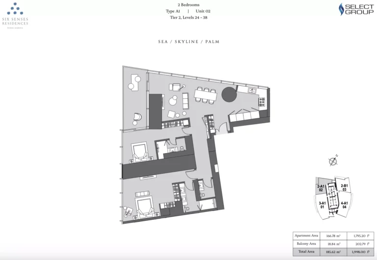 Six Senses Residences Dubai Marina floor plan 2-спальн. · 2008 sqft