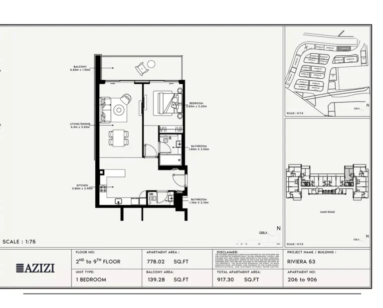 Azizi Riviera 53 floor plan 1 BR · 917 sqft