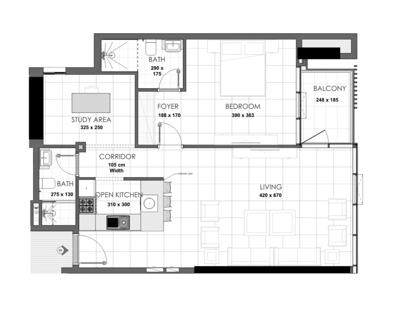 Palatium Residences floor plan 1 BR · 915 sqft