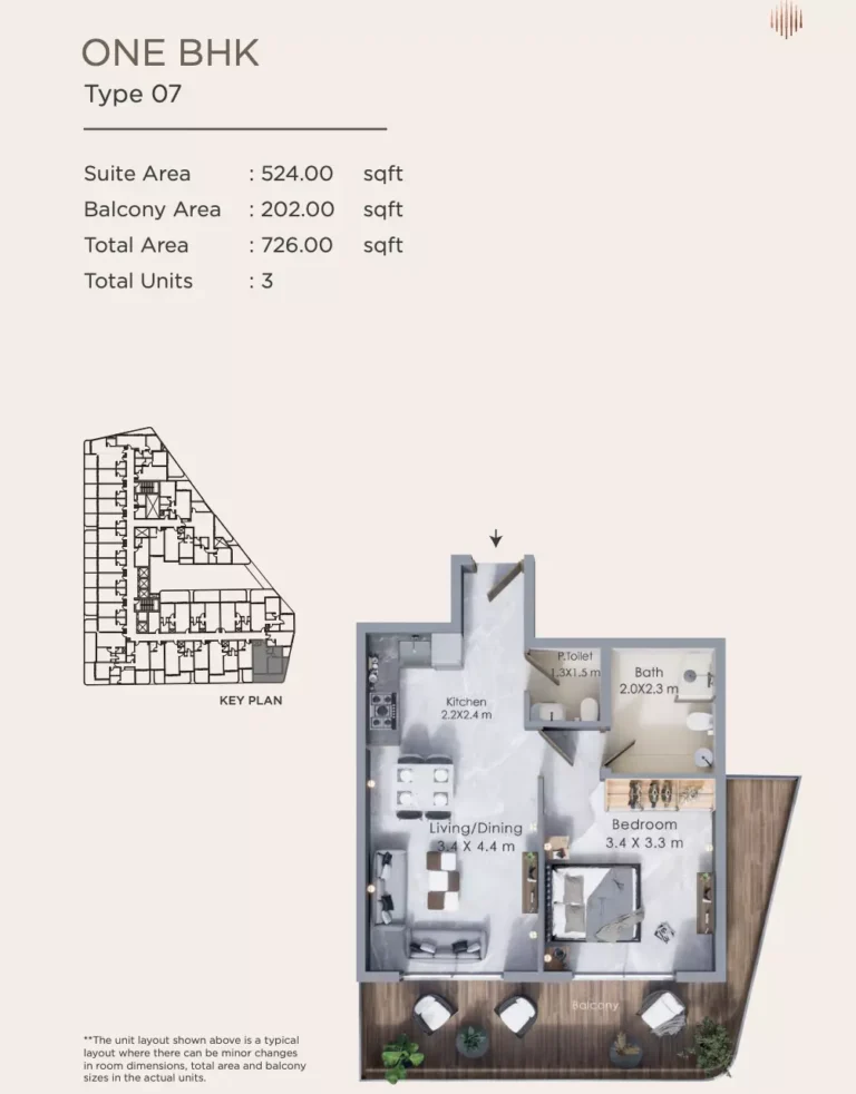 Terra Tower floor plan 1-спальн. · 726 sqft