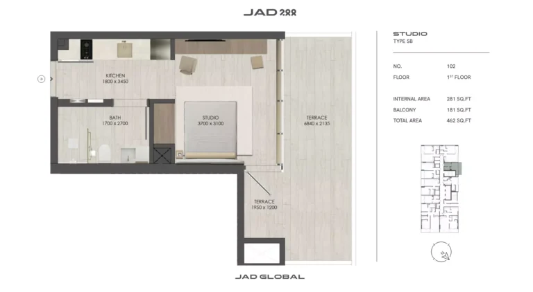 JAD 288 floor plan Studio · 462 sqft
