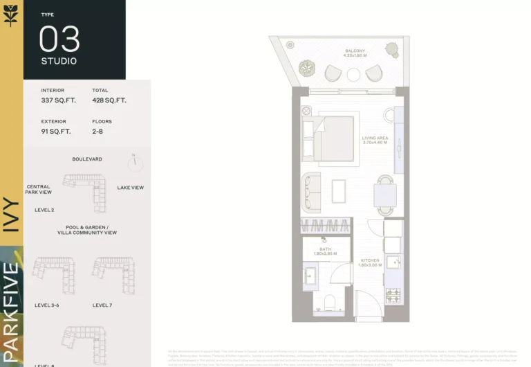 Ivy at Park Five floor plan Студия · 428 sqft