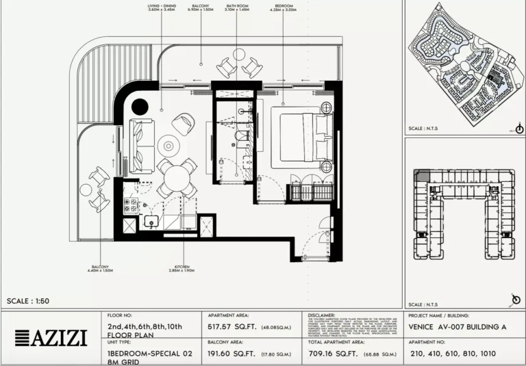 Azizi Venice 7 floor plan 1 BR · 709 sqft