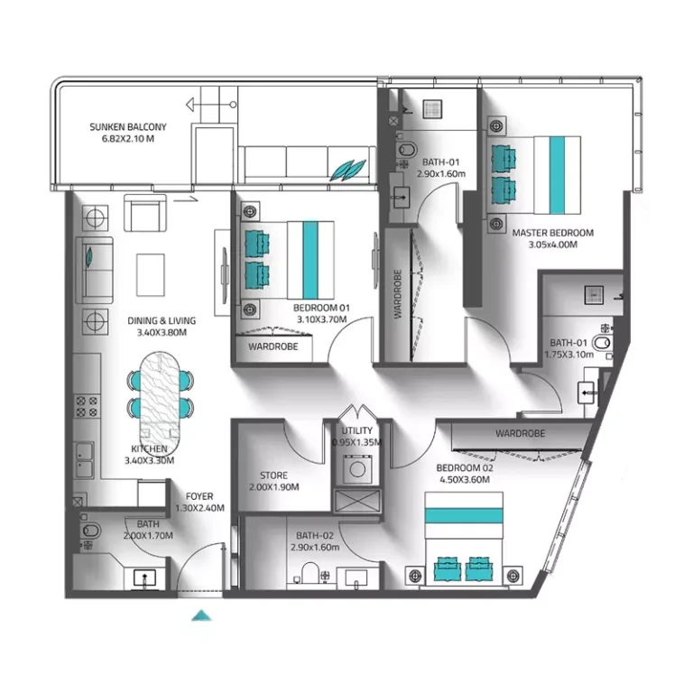 Reef 998 floor plan 3-спальн. · 1397 sqft