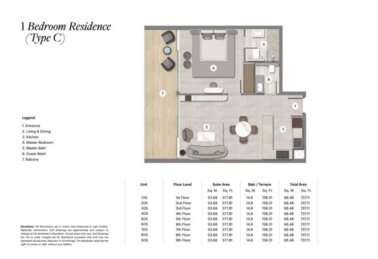 Parkgreen Residences floor plan 1-спальн. · 737 sqft
