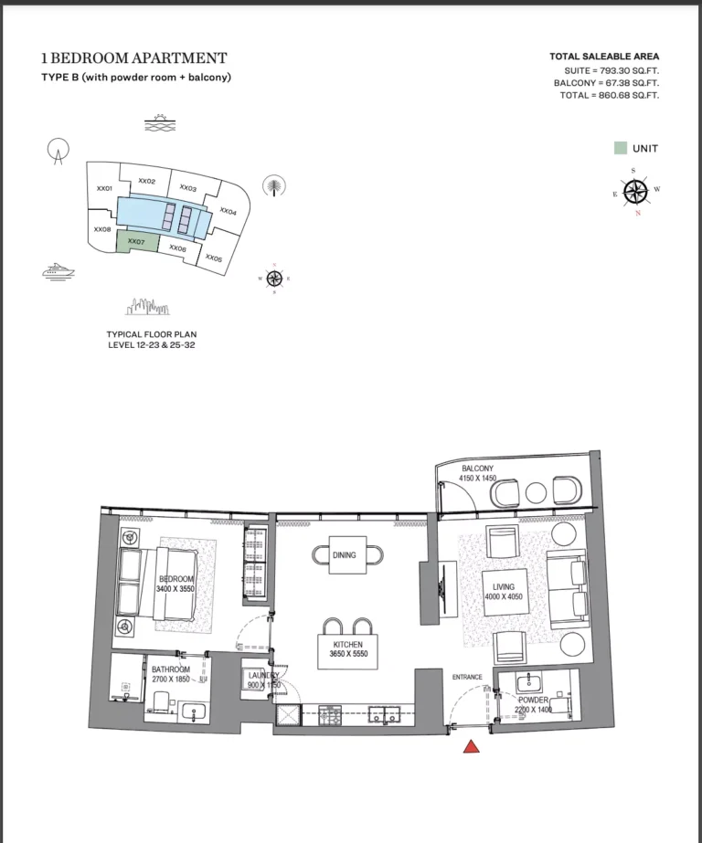 Sobha Seahaven floor plan 1 BR · 860 sqft