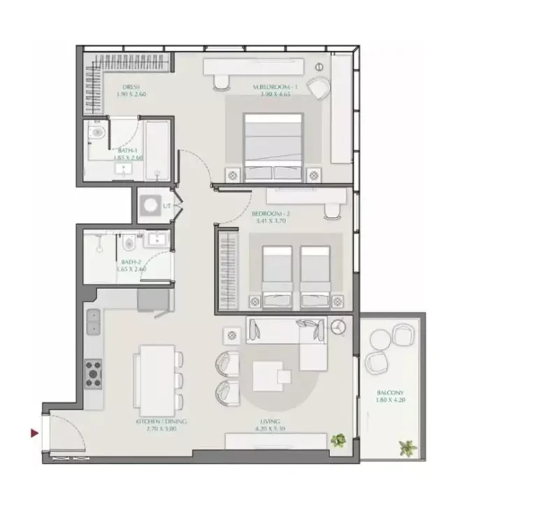 Avenue Park Towers floor plan 2-спальн. · 1133 sqft