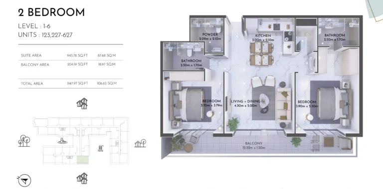 Olivia Residences floor plan 2 BR · 1147 sqft