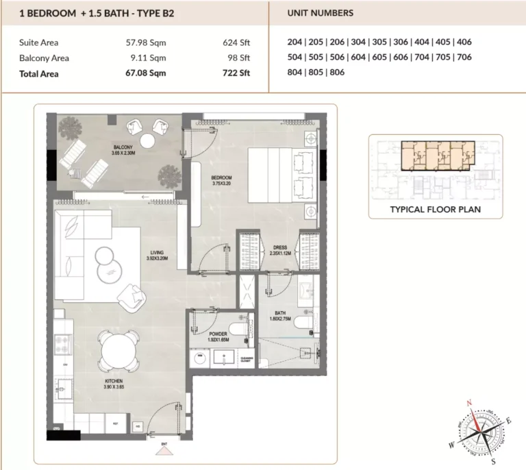 ENSO Amber floor plan 1-спальн. · 722 sqft