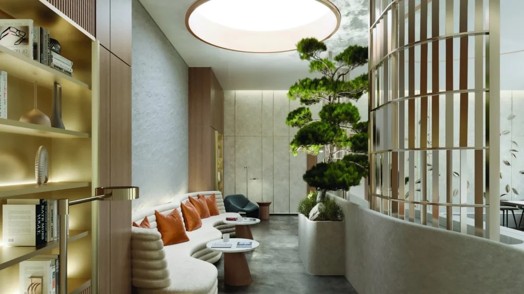 Living room seating area with curved sofa Crestmark Business Bay Dubai