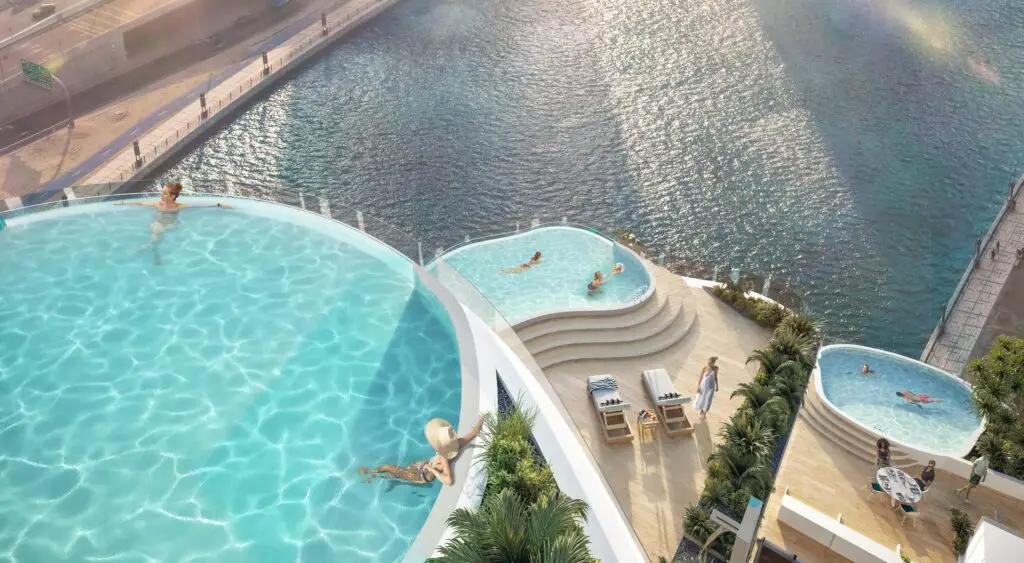 Infinity pools with canal view at Chic Tower by de Grisogono in Business Bay Dubai