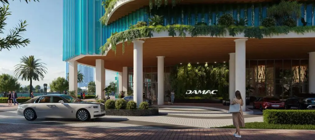 Chic Tower by de Grisogono building entrance with landscaping in Business Bay Dubai