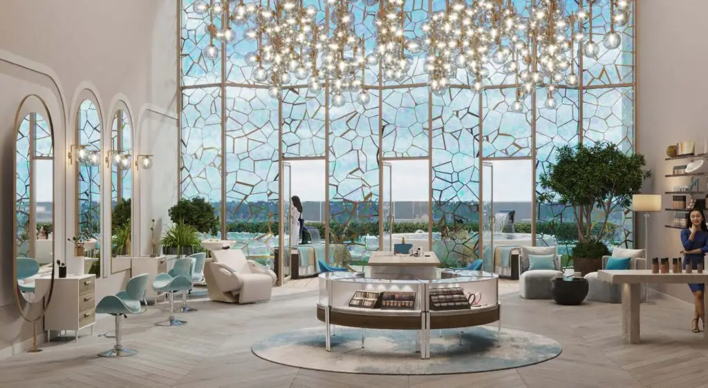 Retail space interior with decorative glass wall Chic Tower by de Grisogono Business Bay Dubai