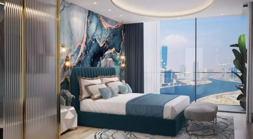 Bedroom with city and water view Chic Tower by de Grisogono Business Bay Dubai