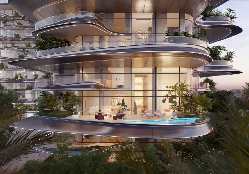 Balcony with pool and seating area at SLS Residences The Palm Business Bay Dubai