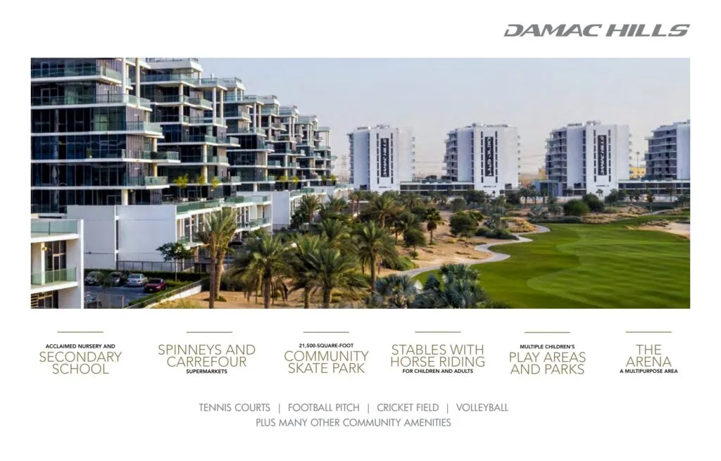 Residential buildings with golf course and palm trees