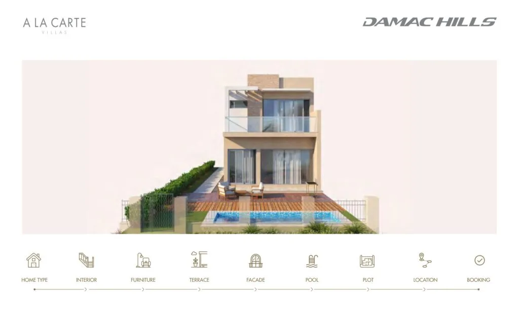front view of modern two-story villa with pool and terrace