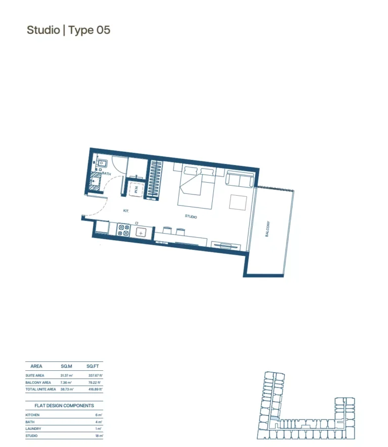 Binghatti Aurora floor plan Studio · 416 sqft