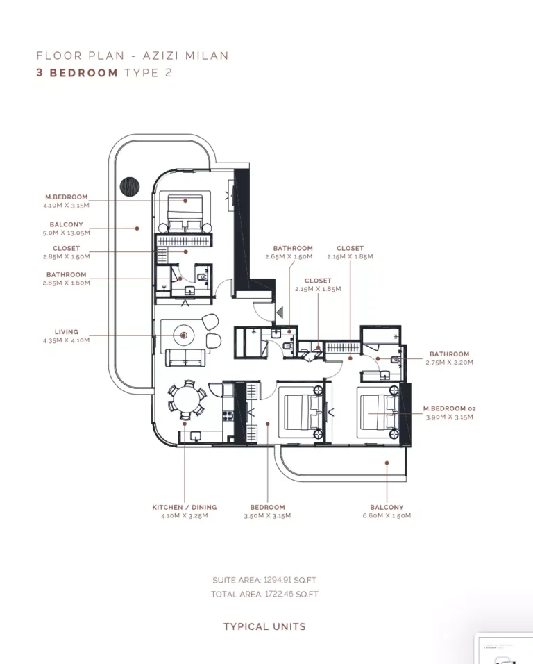 Azizi Milan 51 floor plan 3 BR · 1294 sqft