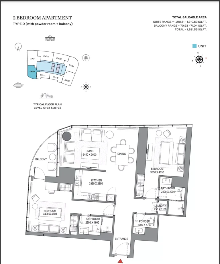 Sobha Seahaven floor plan 2 BR · 1281 sqft