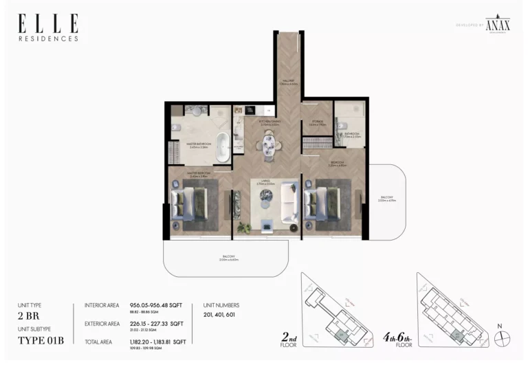 Elle Residences floor plan 2 BR · 1182 sqft