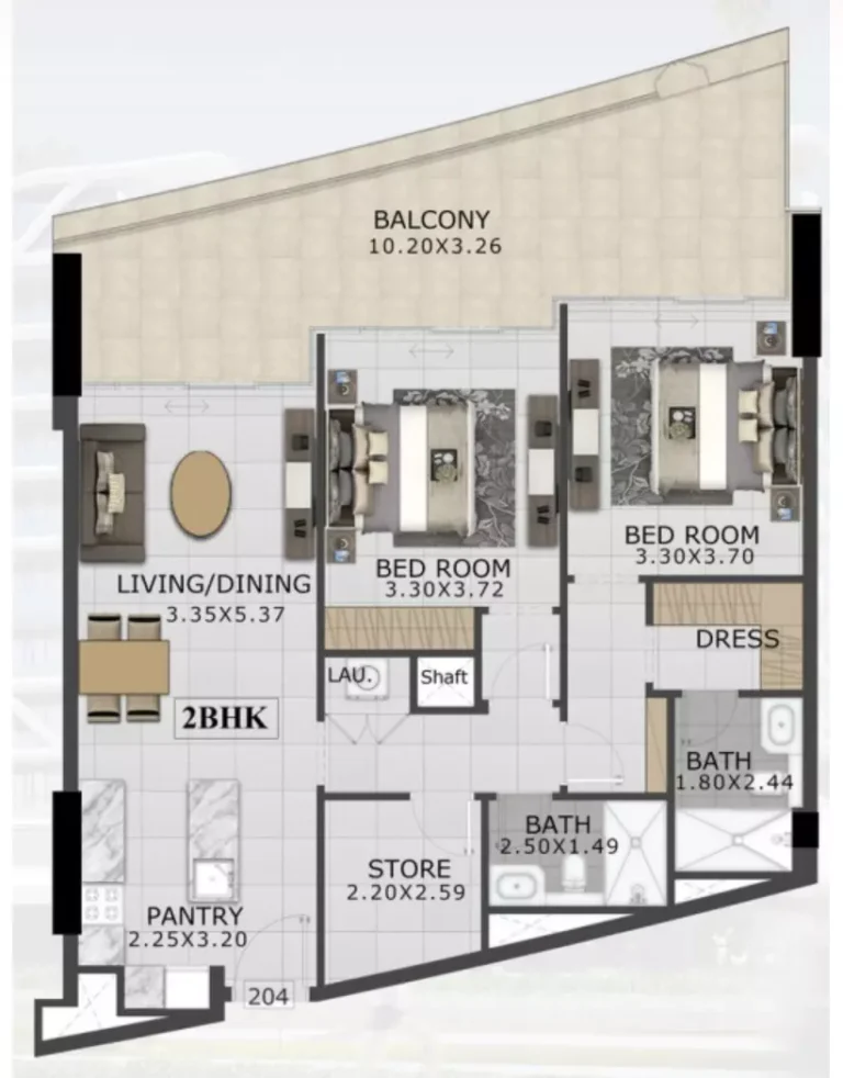 48 Parkside floor plan 2-спальн. · 1233 sqft