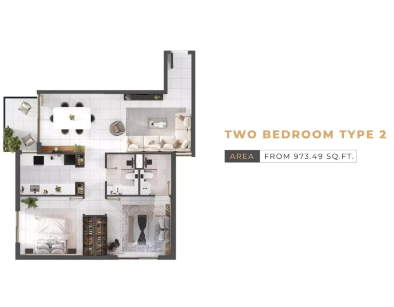 Levanto by Oro24 floor plan 2 BR · 973 sqft