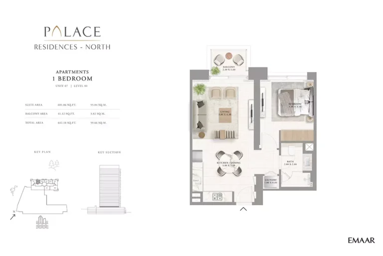 Palace Residences North floor plan 1 BR · 642 sqft