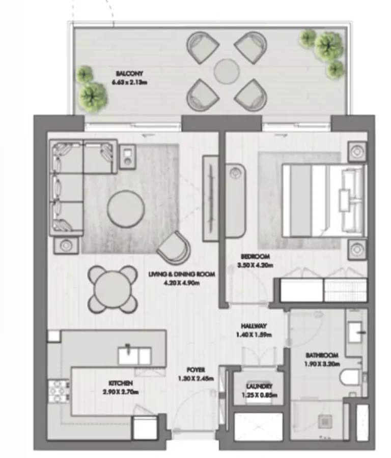 Riwa floor plan 1-спальн. · 877 sqft