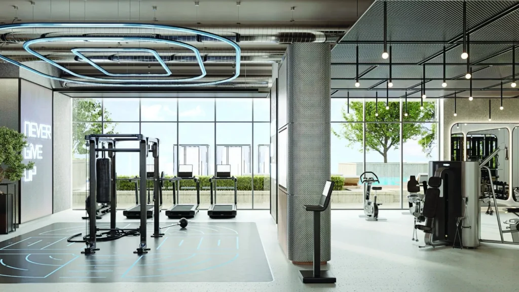 Gym interior with exercise equipment at Crestmark Business Bay Dubai