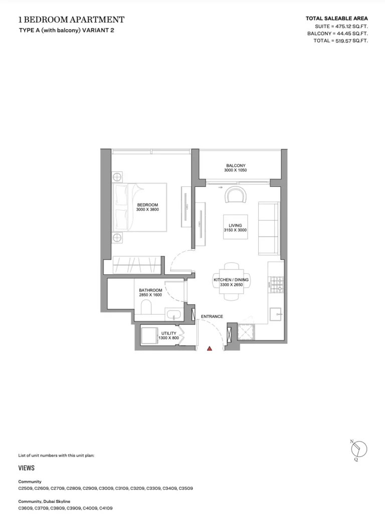 Skyvue Spectra floor plan 1 BR · 520 sqft
