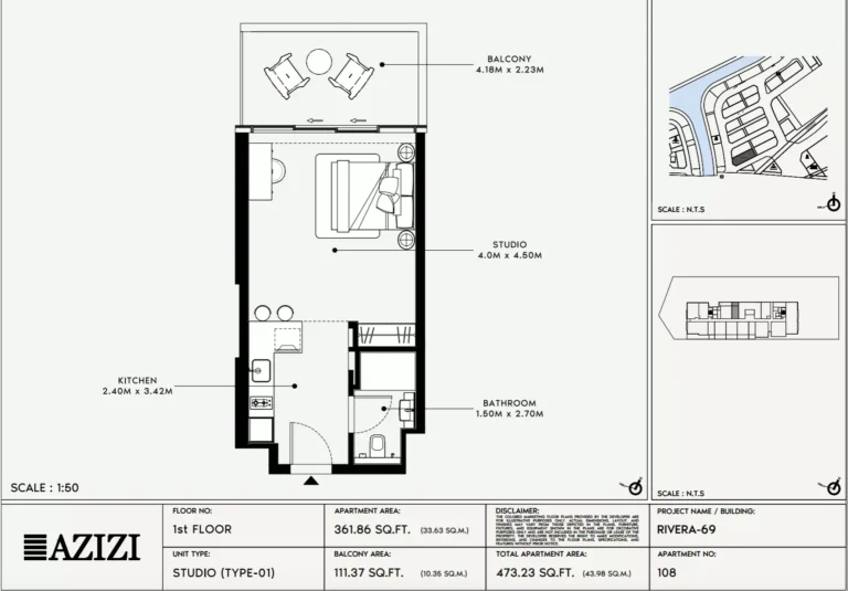 Azizi Riviera 69 floor plan Студия · 473 sqft