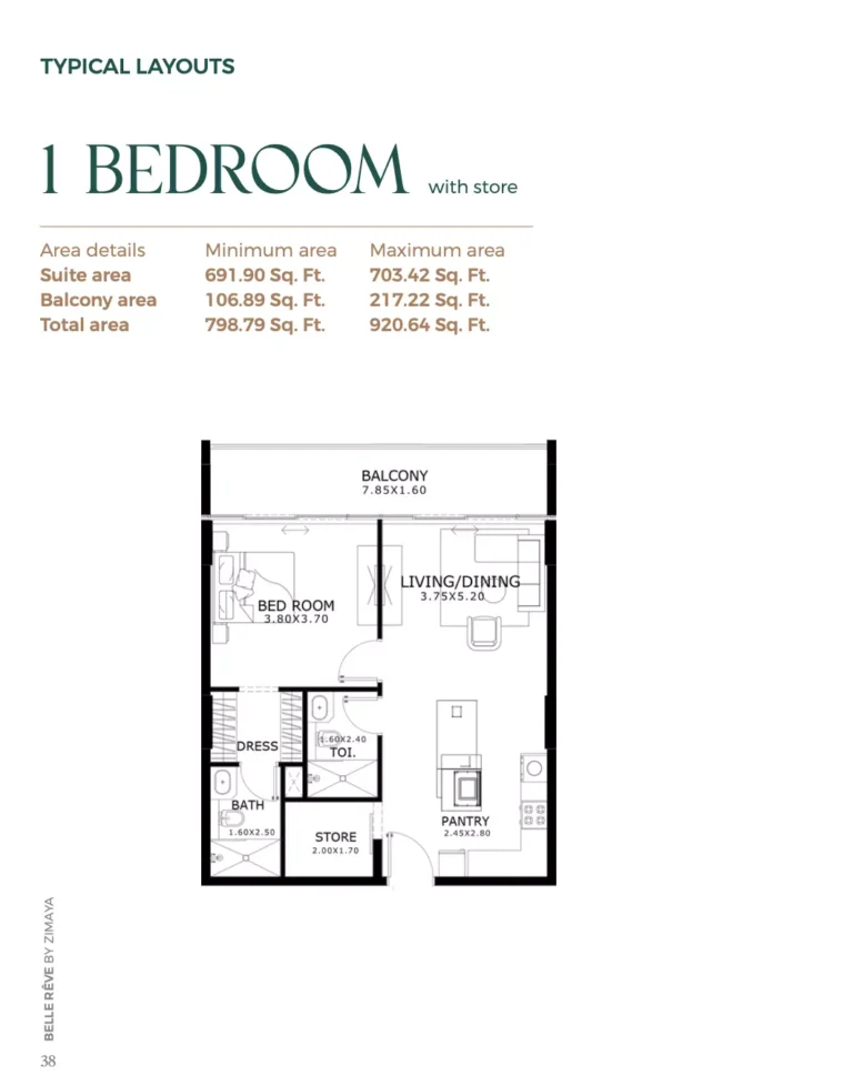Belle Reve floor plan 1-спальн. · 920 sqft