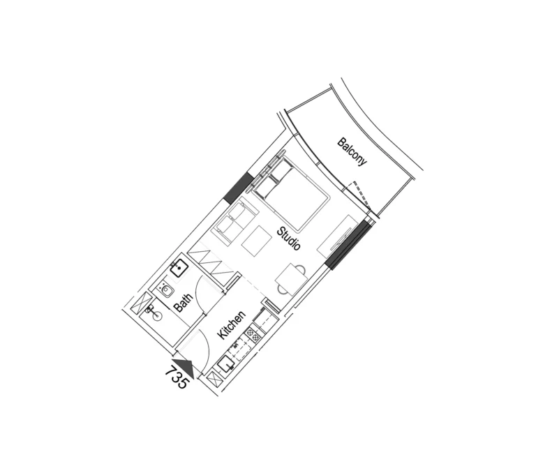 15 Cascade floor plan Студия · 447 sqft