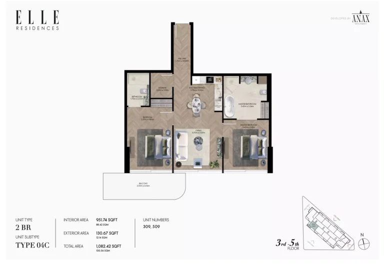 Elle Residences floor plan 2 BR · 1082 sqft