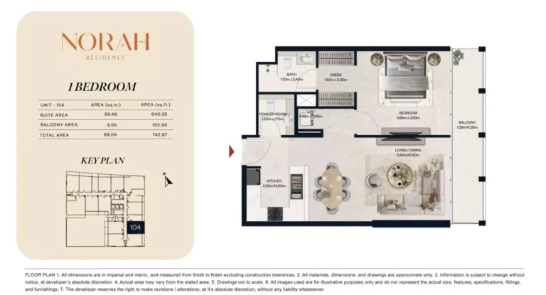Norah Residence floor plan 1 BR · 743 sqft
