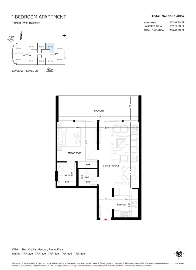 The Roof Residence floor plan 1-спальн. · 860 sqft