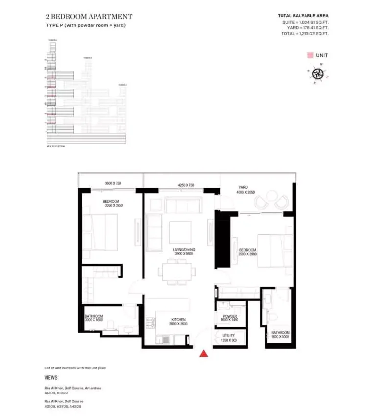 Sobha One floor plan 2 BR · 1213 sqft