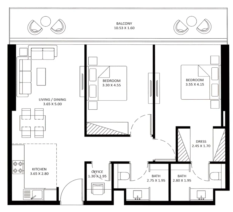 Bayz 101 floor plan 2 BR · 1054 sqft