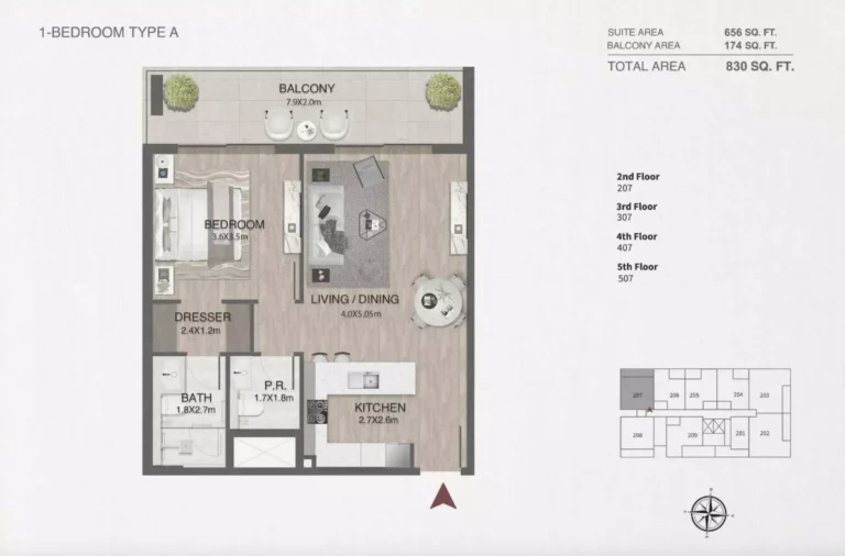 One by Nine floor plan 1 BR · 830 sqft