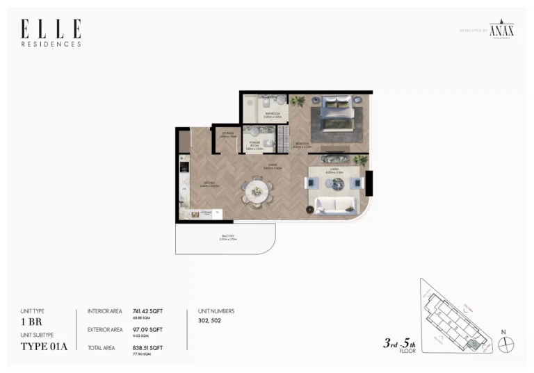 Elle Residences floor plan 1 BR · 838 sqft